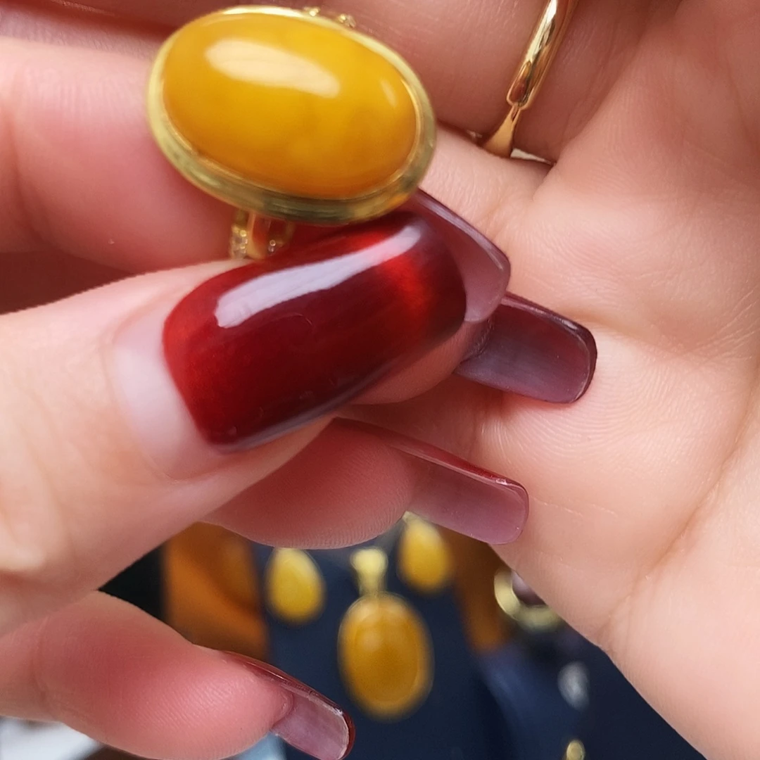 蜜蜡银S925镀金镶嵌戒指