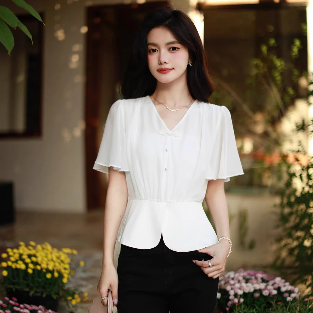 hmwl9939小香风盘扣V领短袖雪纺衫女2025夏季新中式显瘦洋气衬衫