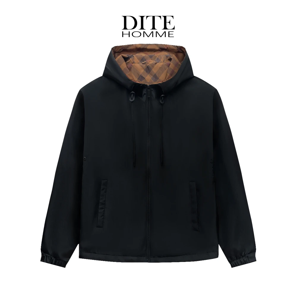 Dite迪特男士秋冬季厚款连帽英文印花宽松百搭运动简约夹克外套
