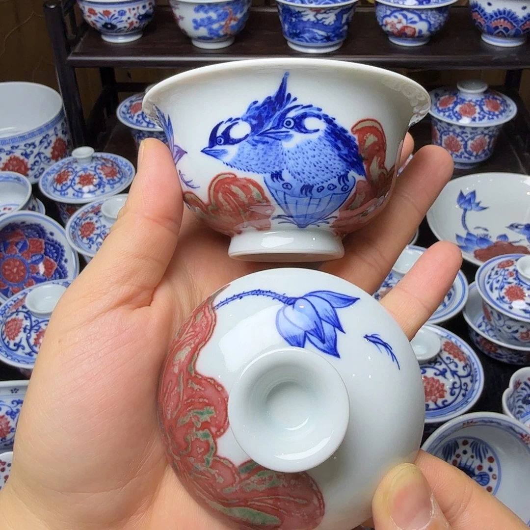 花鸟釉里红元宝盖碗