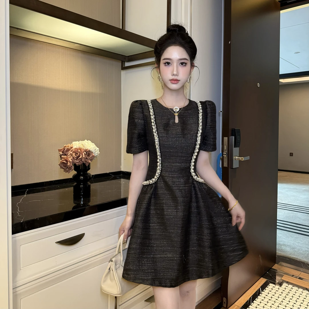 【时时原创】法式复古轻奢泡泡袖气质女神优雅名媛宴会连衣裙21316