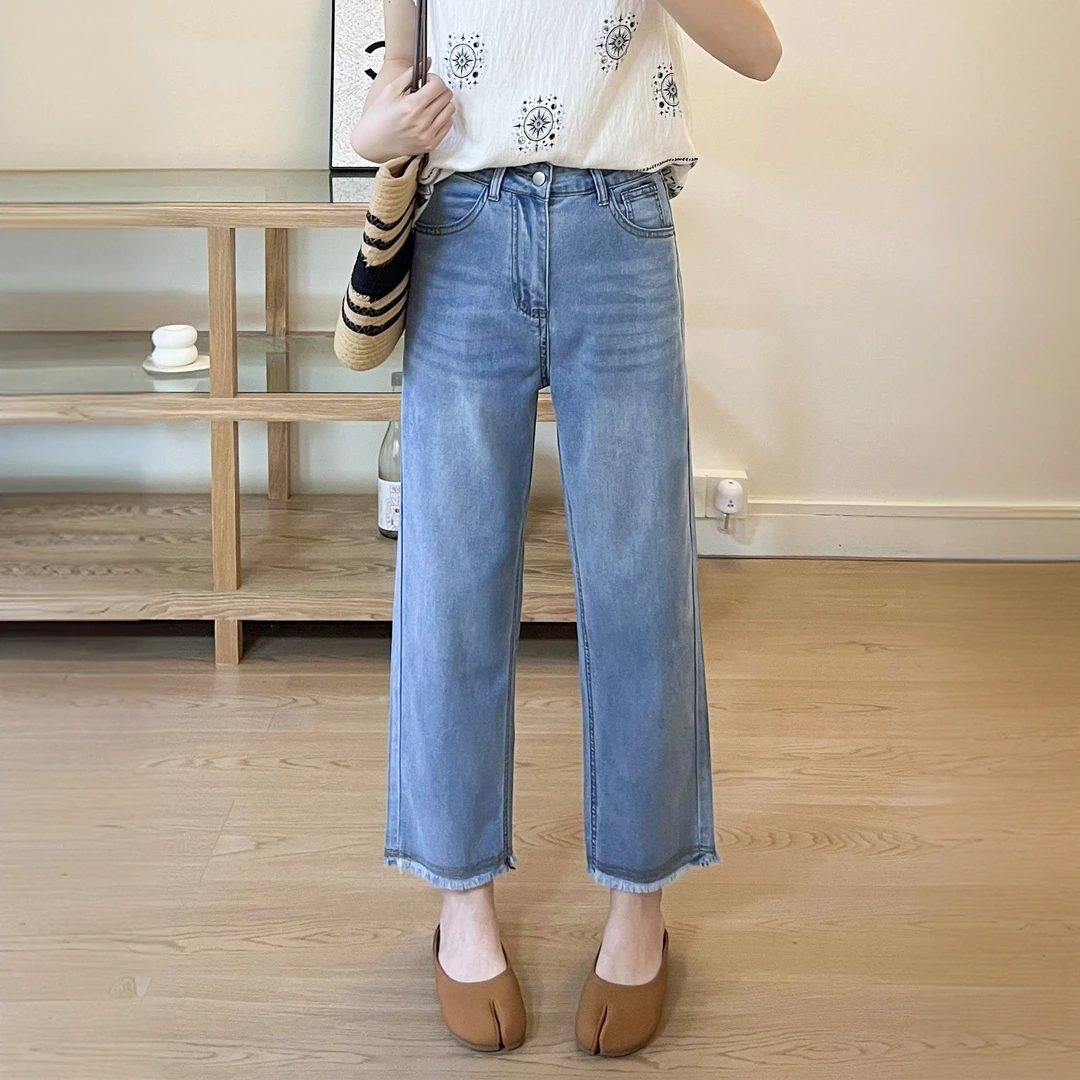 莱赛尔冰丝凉感牛仔裤夏日薄款微胖大码腿粗显瘦九分毛边直筒裤女