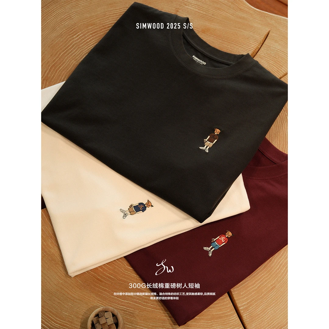SIMWOOD/简木【超宽松】300g长绒棉重磅木头人绣花短袖T恤S25250585