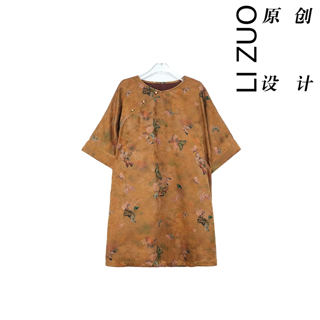 大码胖mm国风新中式28姆米老料花萝桃心领太太服上衣9108