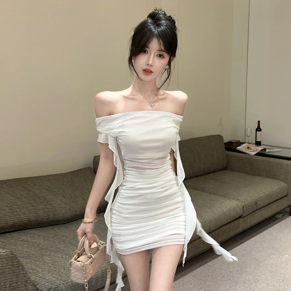 歌铭18YX欧美2025外贸法式纯欲抹胸荷叶边飘带皱褶修身连衣裙裙子