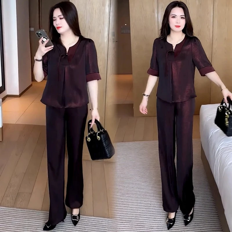 2025夏季新款时尚套装女洋气显瘦减龄盘扣短袖上衣阔腿裤两件套潮