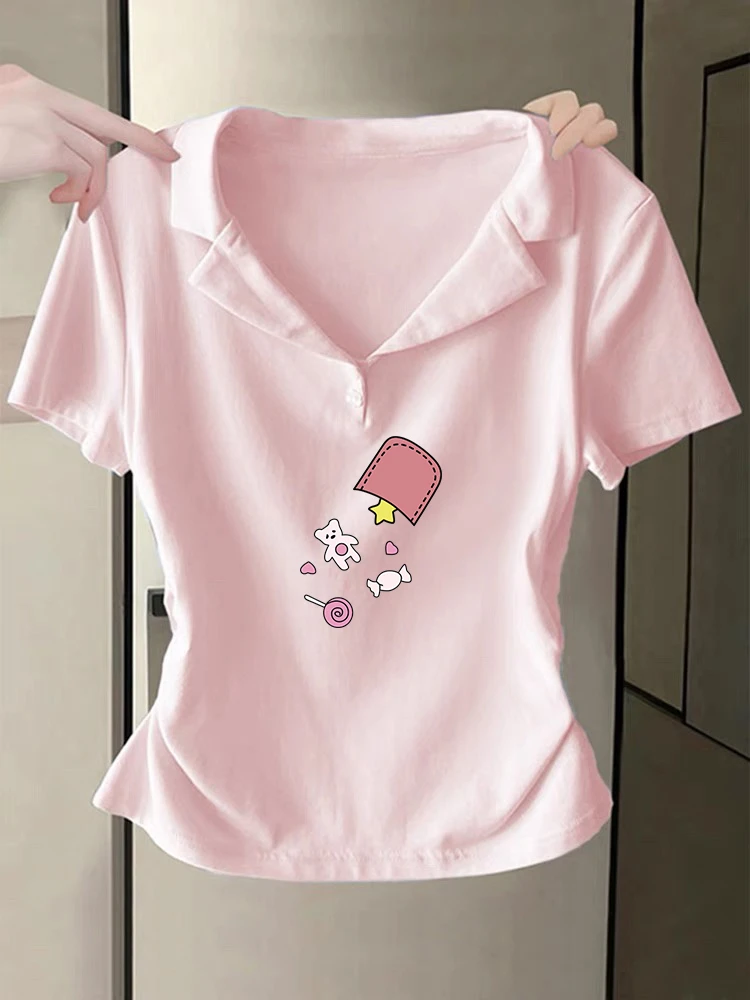 可爱风短袖t恤女新款夏季正肩卡腰衫短款韩系多巴胺粉色polo上衣