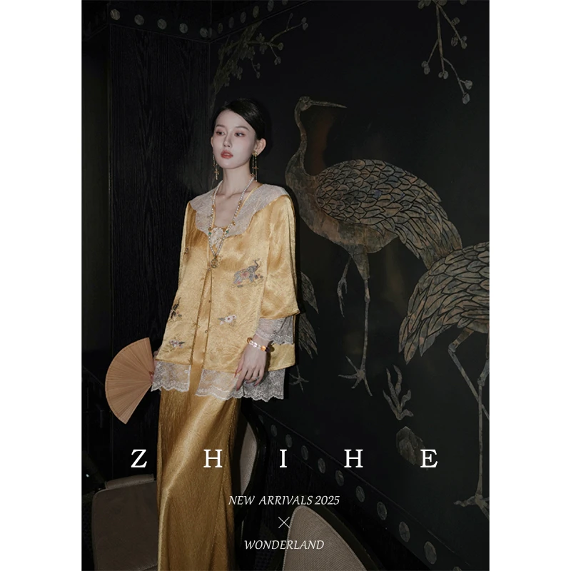 无艳一禾【金阙谣】静奢国风100醋酸重工刺绣拼蕾丝外套+吊带裙