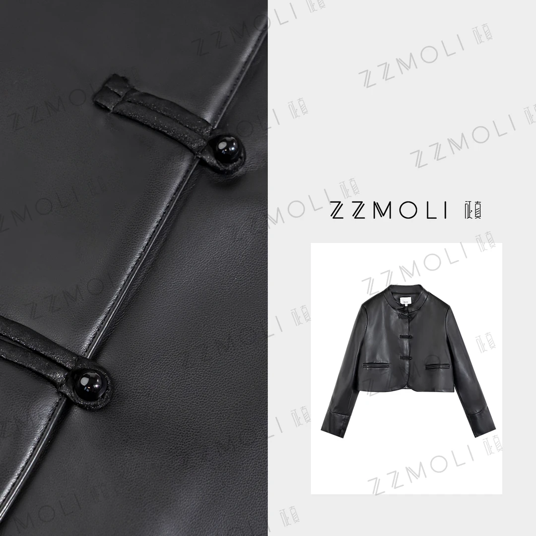 ZZMOLI“考古”国风盘扣纯欲短款立领皮衣女款气质夹克外套ZBY90105