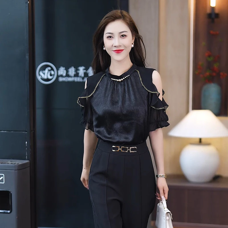 拉夏贝尔法式气质露肩雪纺衫女夏2025新款荷叶边短袖减龄小衫上衣