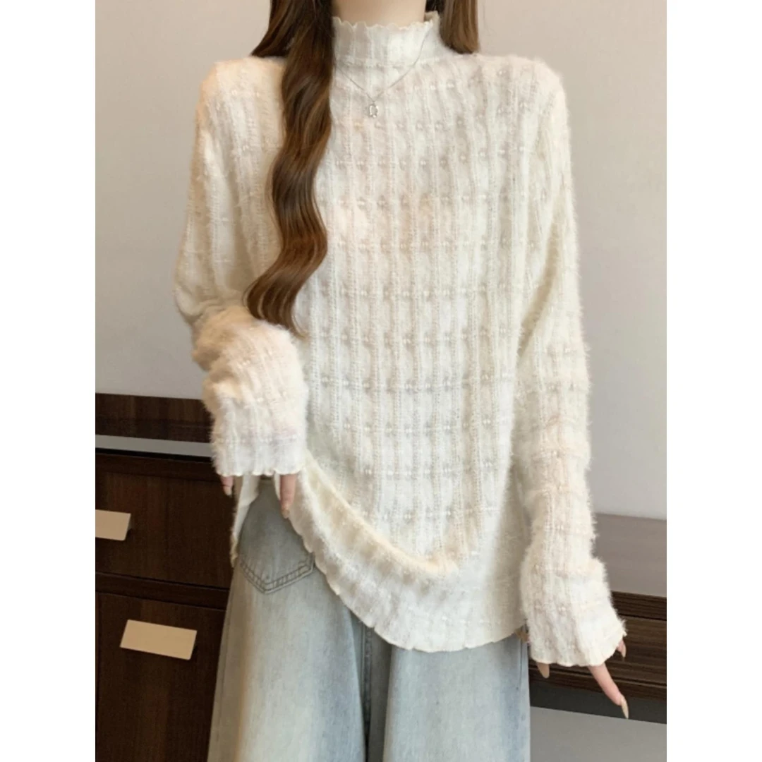 半高领蕾丝长袖打底衫女内搭春秋新款大码胖mm法式高级设计感上衣