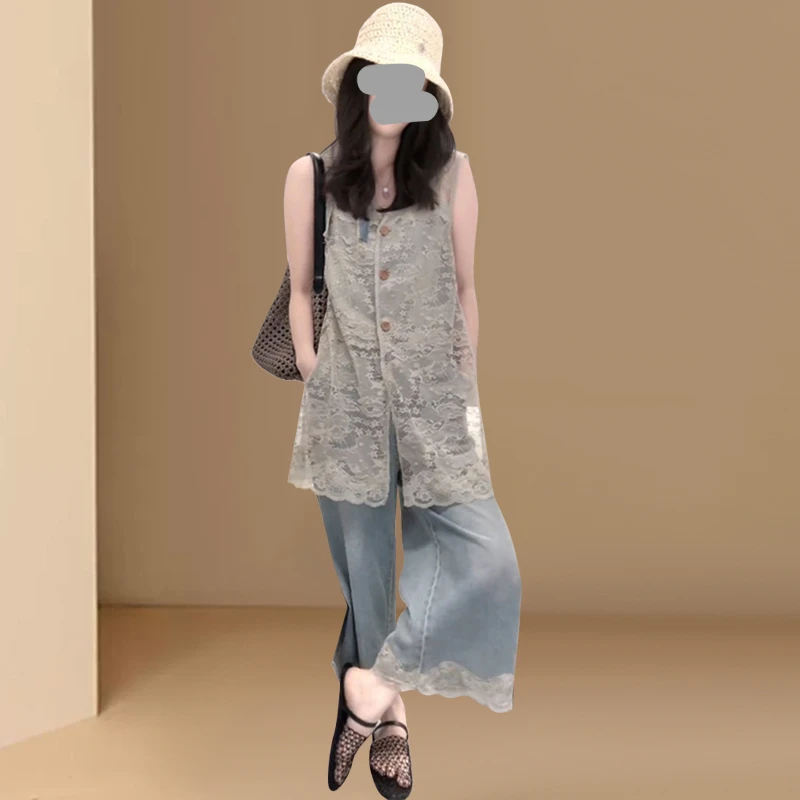 新中式镂空马甲罩衫女夏季新款古着气质外搭休闲背心阔腿裤两件套
