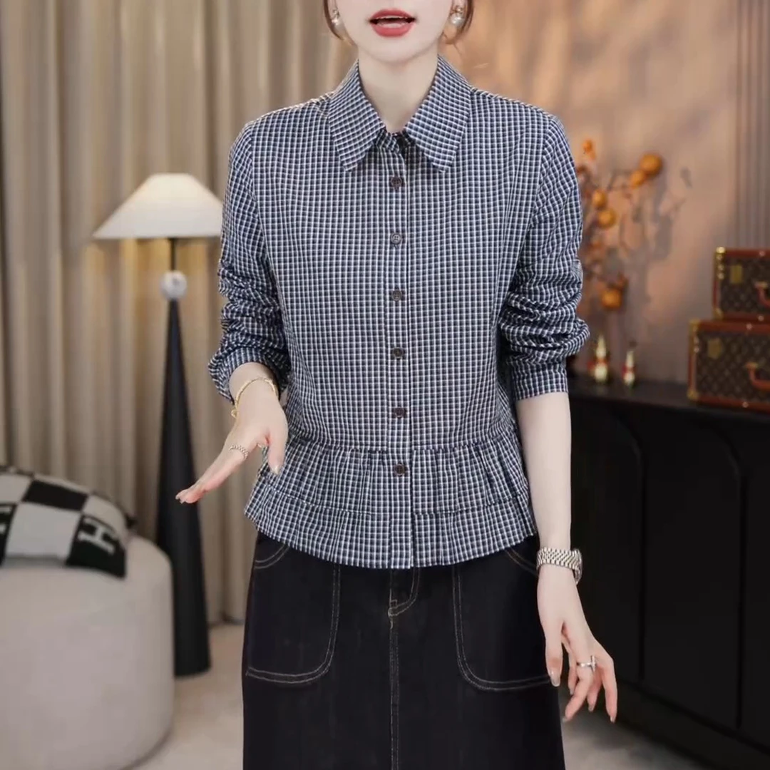 韩系小个子文艺格纹宽松衬衫2025秋季木耳花边拼接长袖polo领上衣