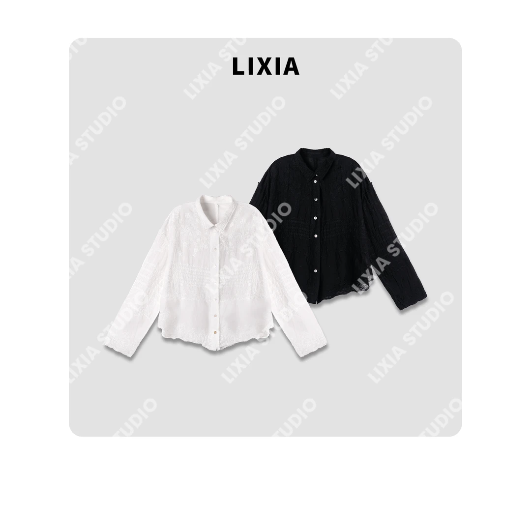 LIXIA【糖霜花页】欧美风气质款蕾丝花纹图案打底翻领衬衫-D7612