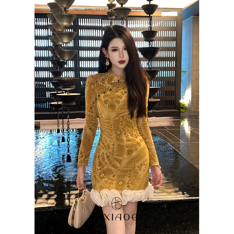 七小七Sicily【织金昙华】新中式气质金色拼接网纱设计感短款连衣裙
