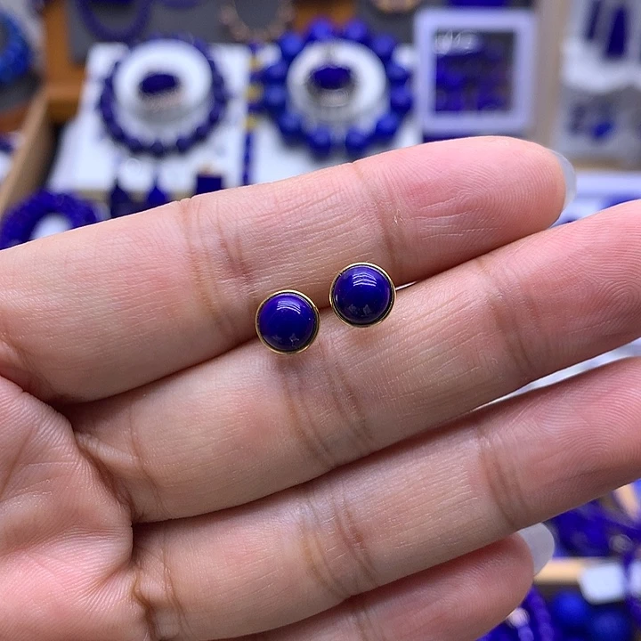 青金石银S925镀金镶嵌耳钉