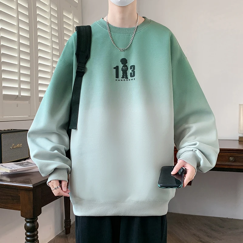 青少年圆领卫衣春秋季美式长袖t恤男士打底衫帅气渐变色休闲上衣