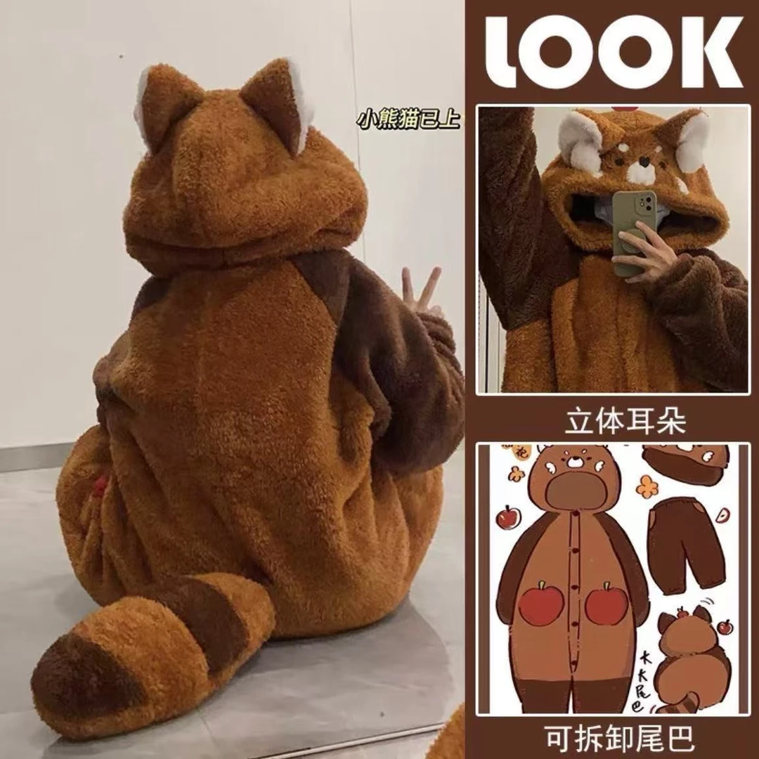 可爱小浣熊加绒睡袍女秋冬加绒加厚保暖睡衣卡通连体家居服套装