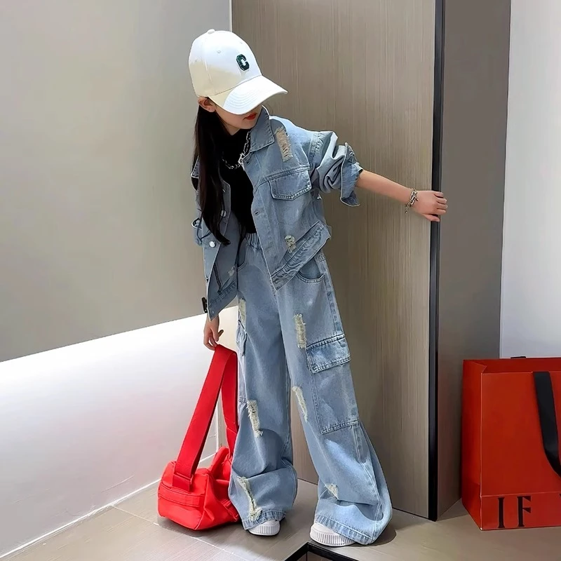 女大童春装2025新款洋气时髦女孩牛仔套装儿童春秋款韩系潮酷穿搭
