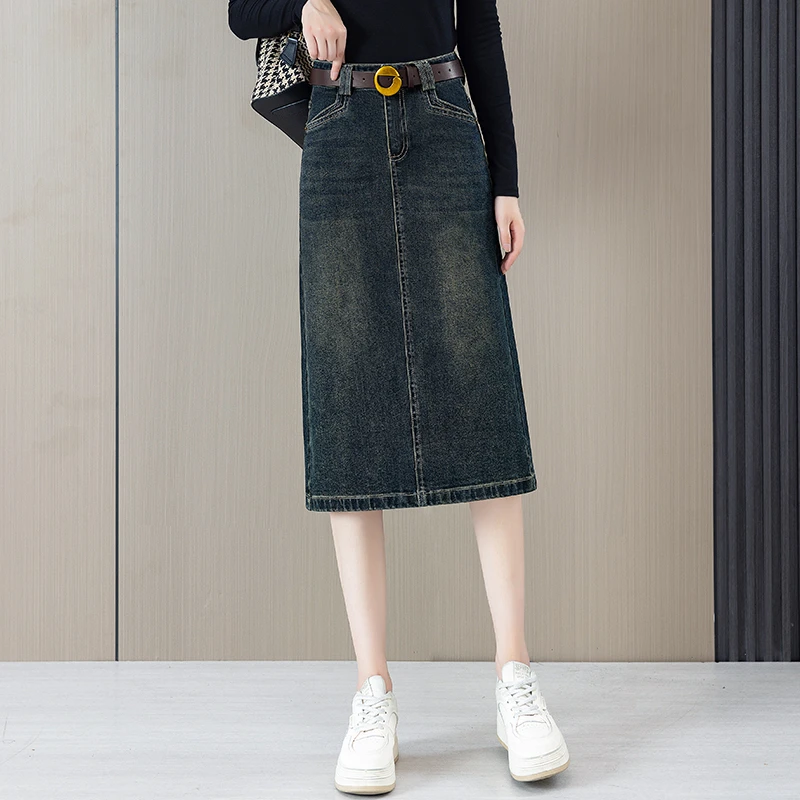 时尚牛仔半身裙女2025秋季新款高腰遮胯显瘦中长款开叉一步包臀裙