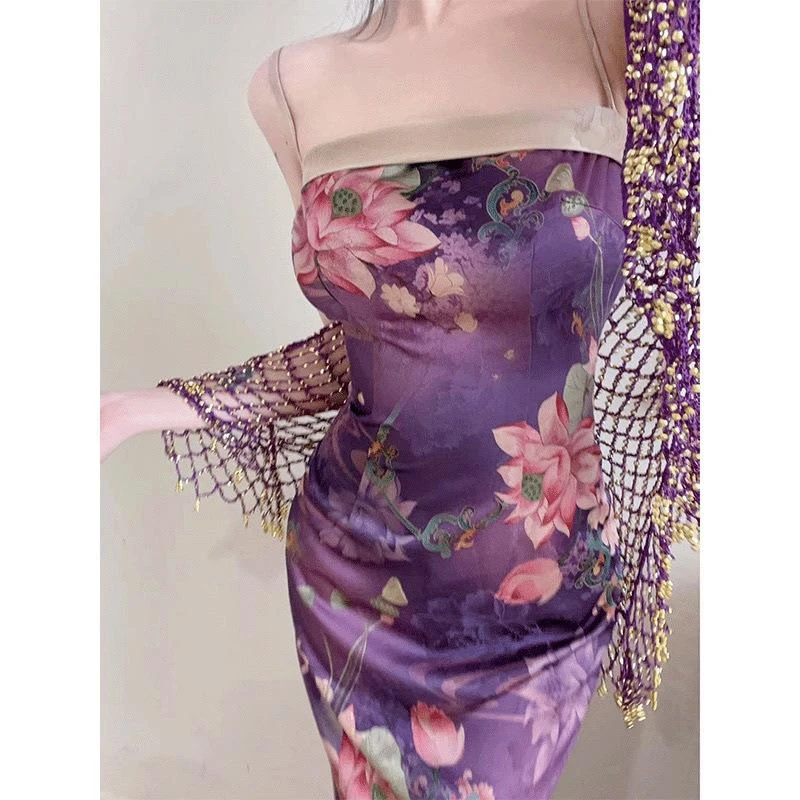 大尺码新款覆古国风中式改良旗袍洋装紫色印花气质显瘦收腰包臀裙