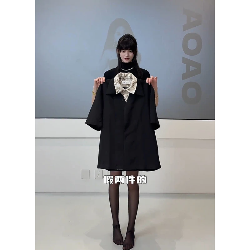 OkayThxBye "亚麻花领"优雅一片领翻领假两件休闲短袖衬衫上衣男