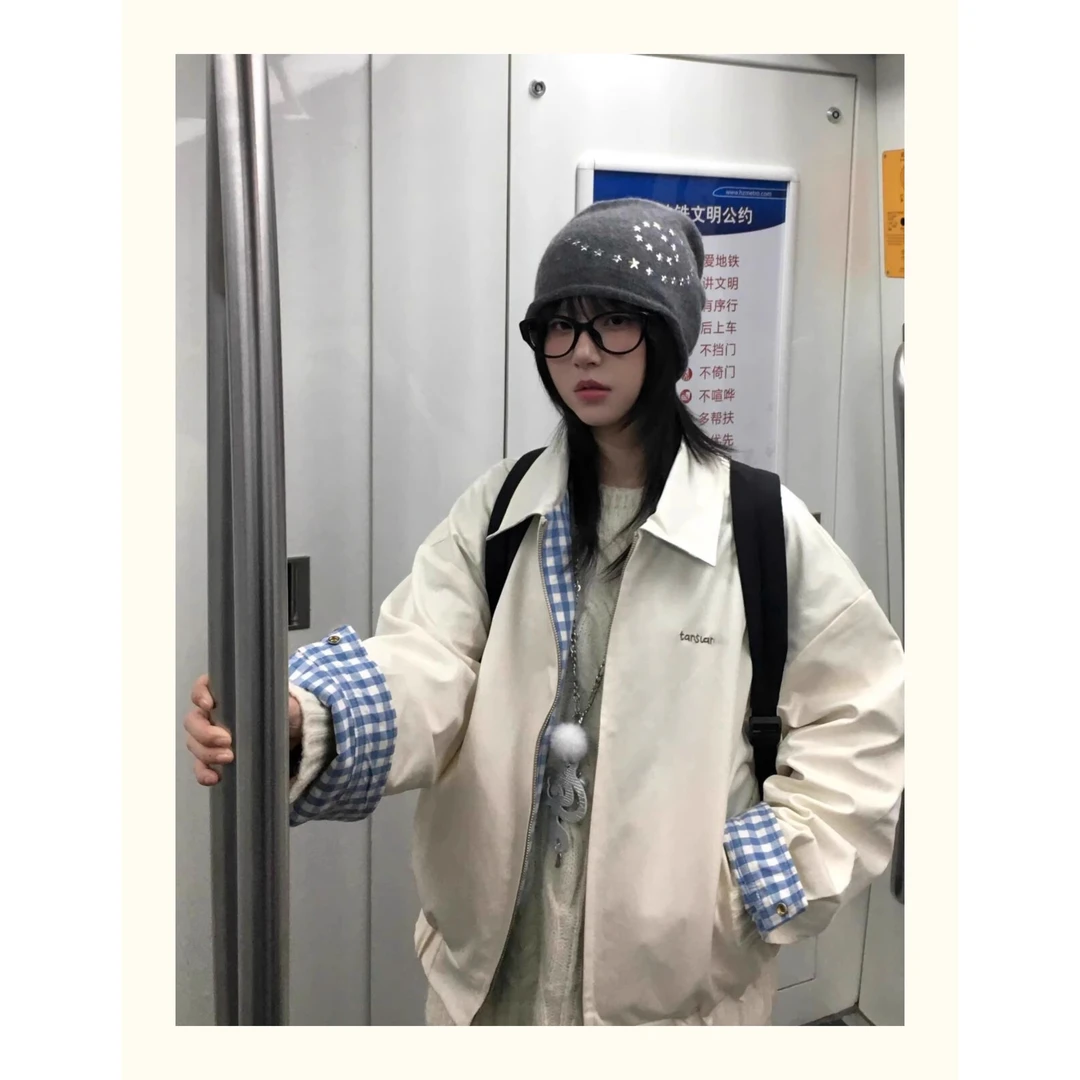 高级感格子双面穿外套女2025年春季新款宽松百搭情侣夹克通勤上衣