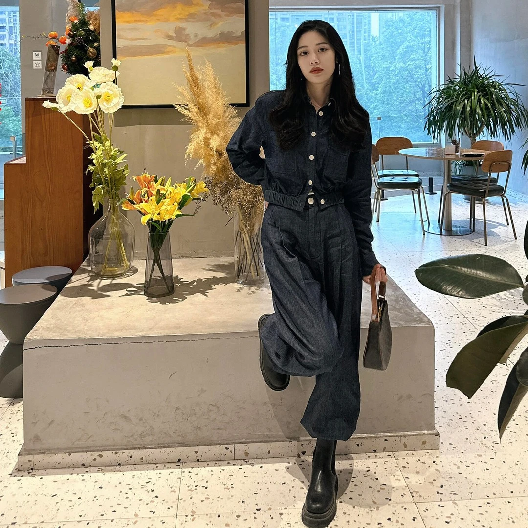 复古时尚港风气质牛仔套装女秋季新款高级感简约上衣阔腿裤两件套