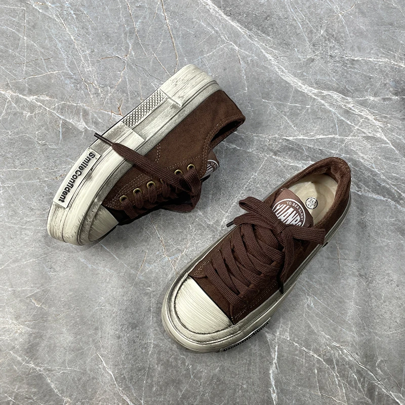 做旧脏脏鞋保暖厚底板鞋2025冬季爆款棕色加绒小众休闲帆布棉鞋女