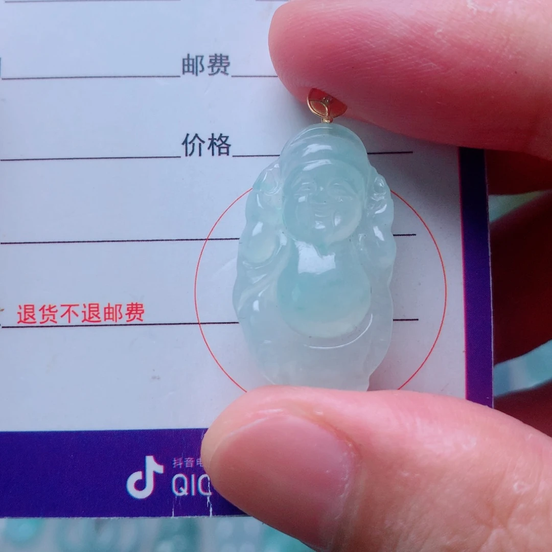 翡翠18K金镶嵌颈饰冰种果绿财神爷
