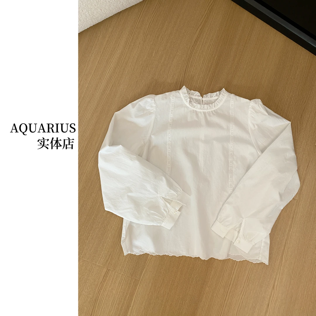 【AQUARIUS 】（法式小众）圆领花边长袖衬衫0282