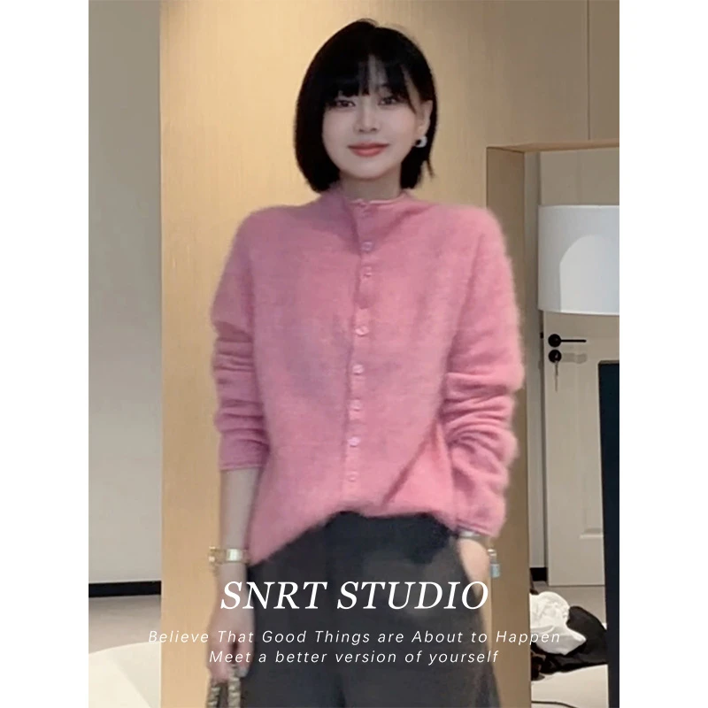 立领软糯长毛韩系温柔风洋气针织开衫女秋冬新款休闲百搭毛衣外套