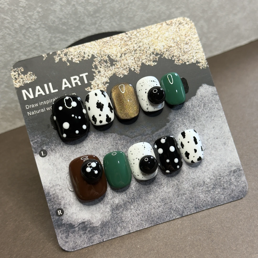 GLAZE一点墨绿纯手工波点斑纹穿戴甲短甲