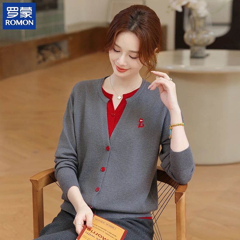 罗蒙时尚气质秋季妈妈装中年假两件单排扣开衫中老年女装秋款上衣
