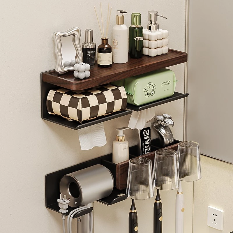 胡桃木浴室卫生间纸巾盒洗漱洗手台牙刷架子置物架免打孔吹风机架