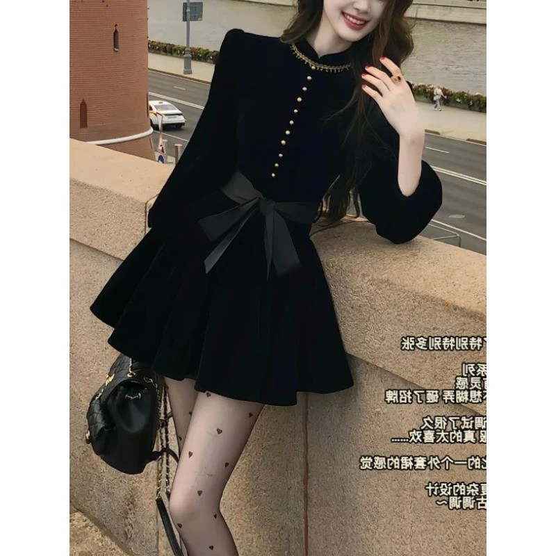 【伯拉德千金新品88折】赫本风黑色丝绒长袖连衣裙裙子秋季