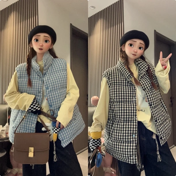 新品首发 破晓 90新国标白鸭绒格子马甲宽松加厚小众jenn同款男女