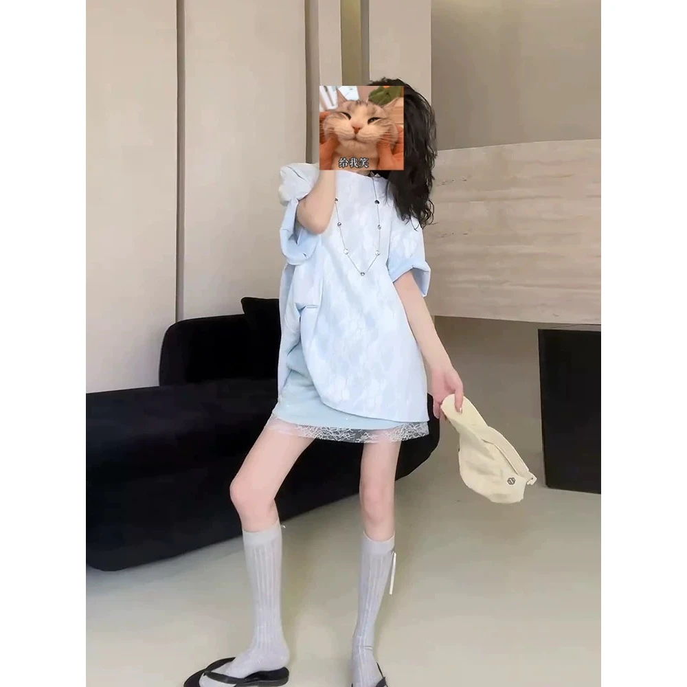 2025夏季新款韩版气质蕾丝短袖T恤+显瘦百搭蕾丝拼接短裙两件套女