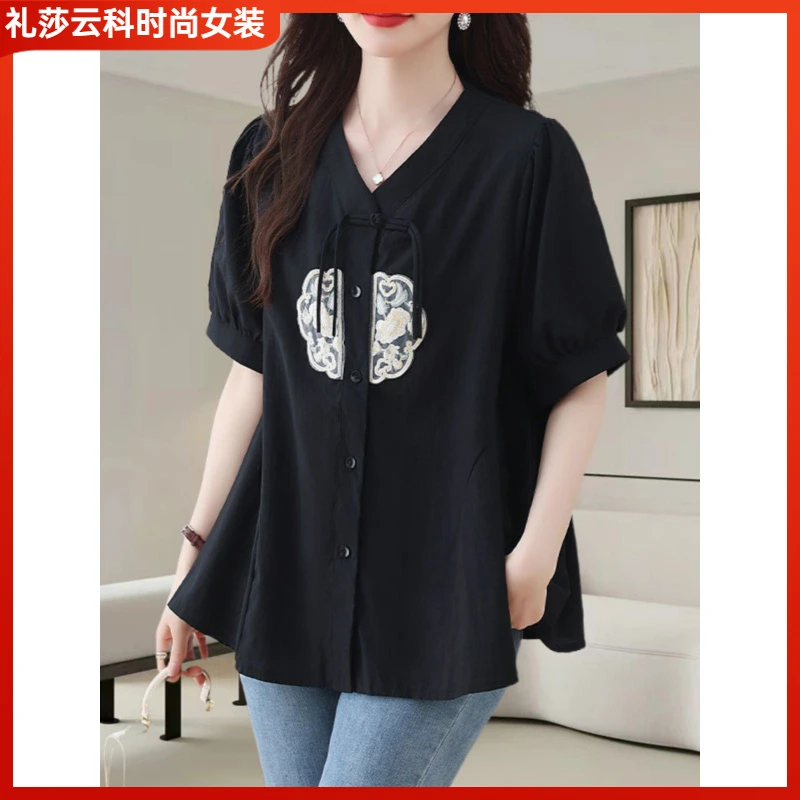l新中式国风黑色雪纺衬衫女短袖夏季盘扣刺绣小衫大码宽松上衣I