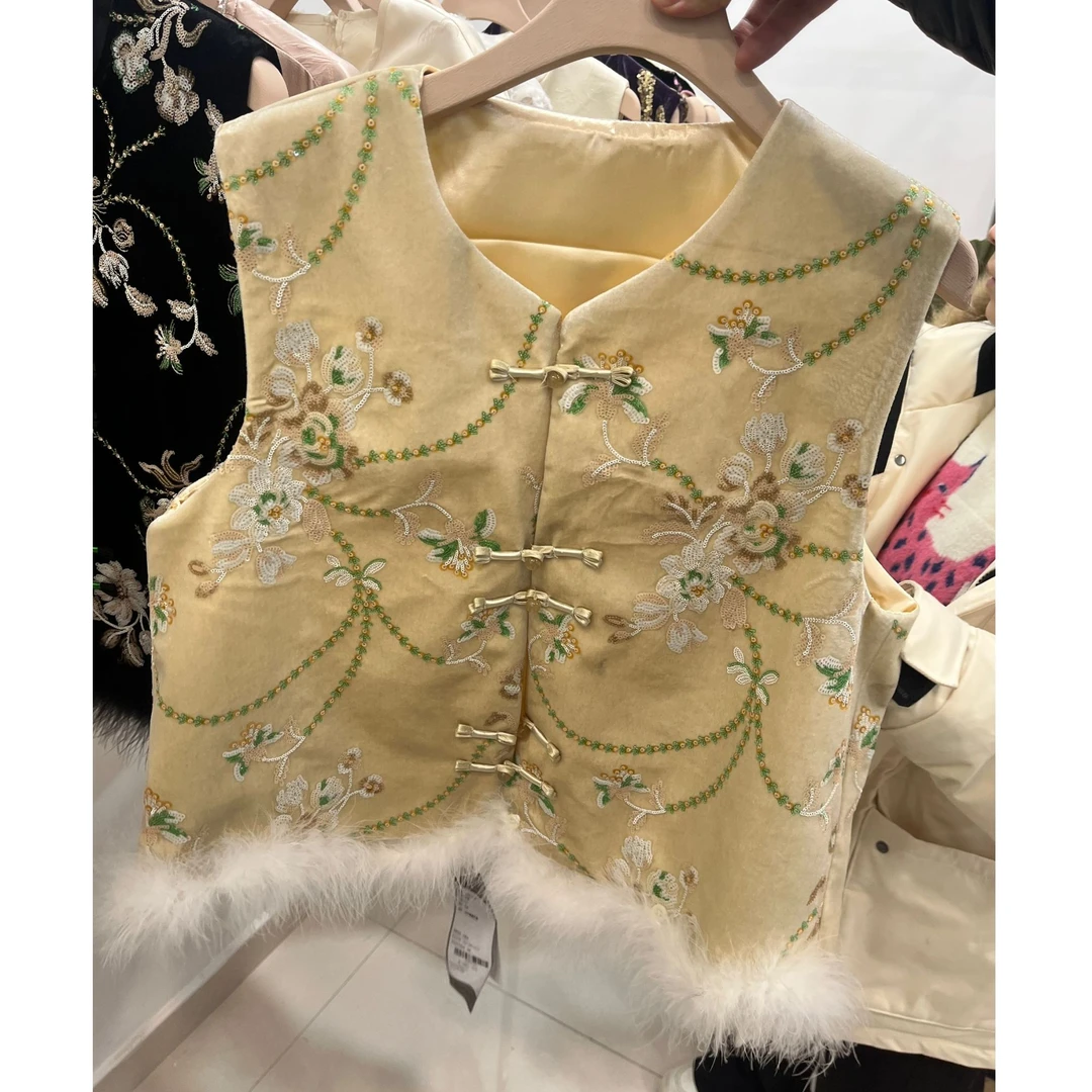 新中式上衣复古重工刺绣中国风背心时尚厚款女装ins双层黄色提花