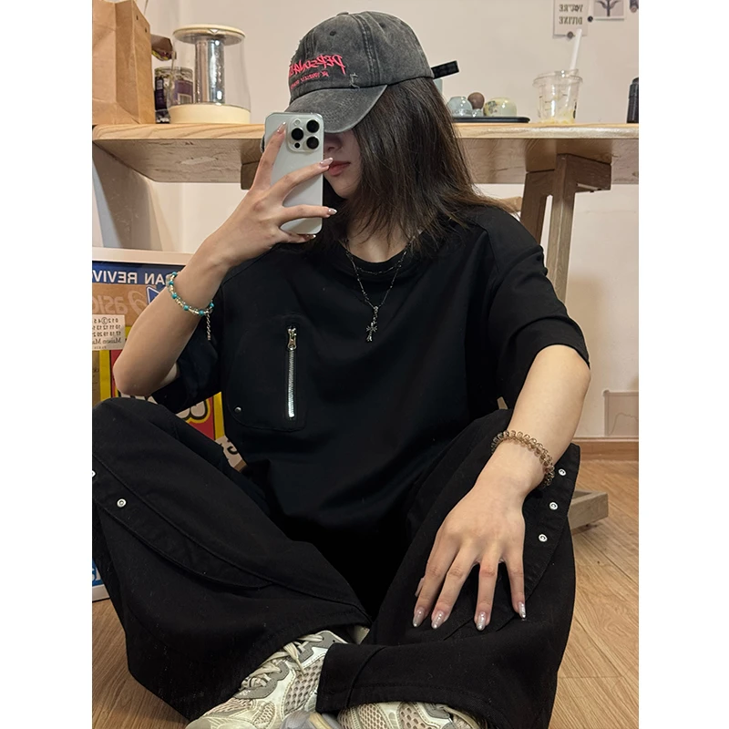 男士发型师垫肩短袖t恤夏日拉链口袋七分袖美式260克硬挺半袖体恤