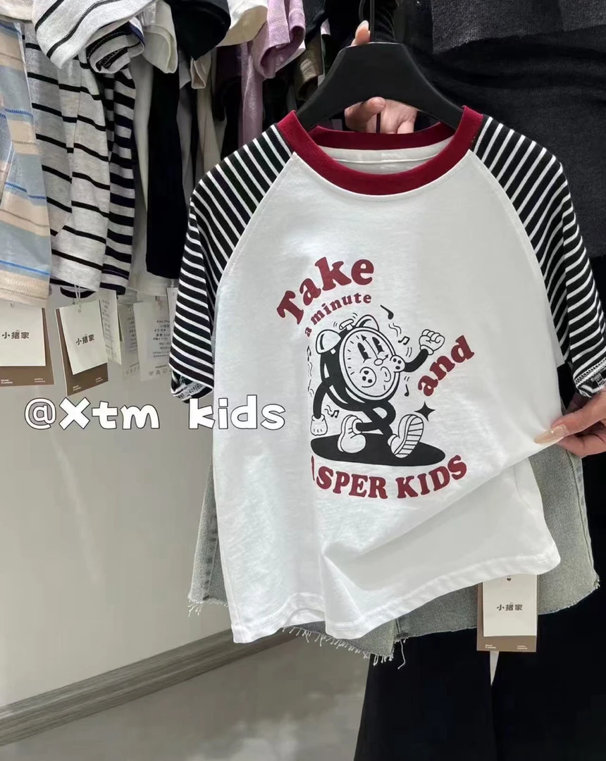 夏季拼色休闲中性卡通风男童卡通印花T恤