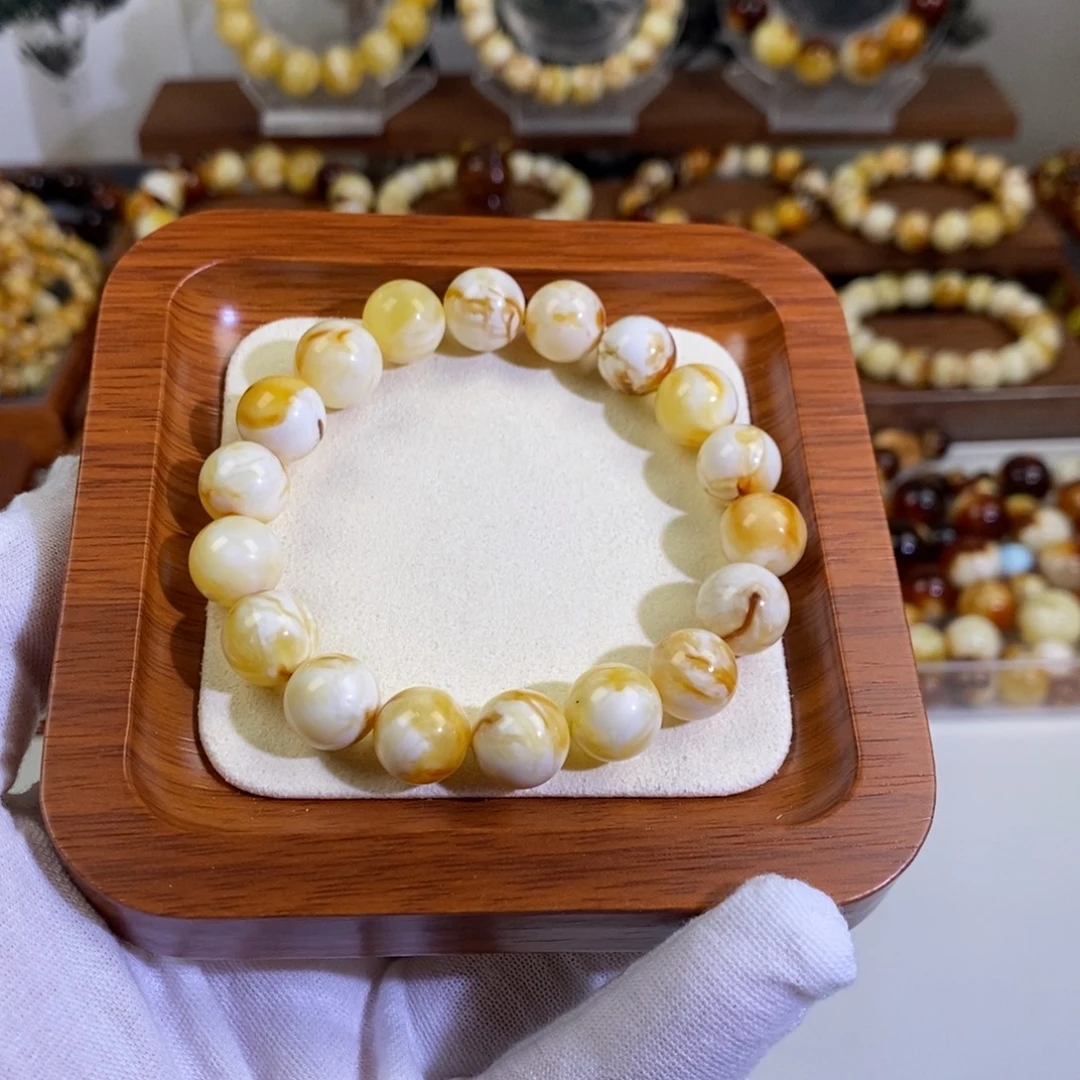 琥珀未镶嵌裸石天然沁色蜜蜡白妖花手串11mm➕