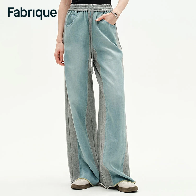 【Fabrique】 Sereta 早春新款水洗浅蓝牛仔拼接运动针织松紧腰长裤