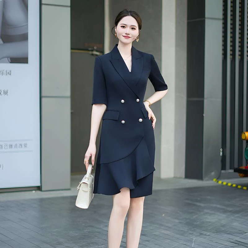 短袖连衣裙纯色夏季双排扣斜肩女神范轻职风名媛时尚显瘦气质新款