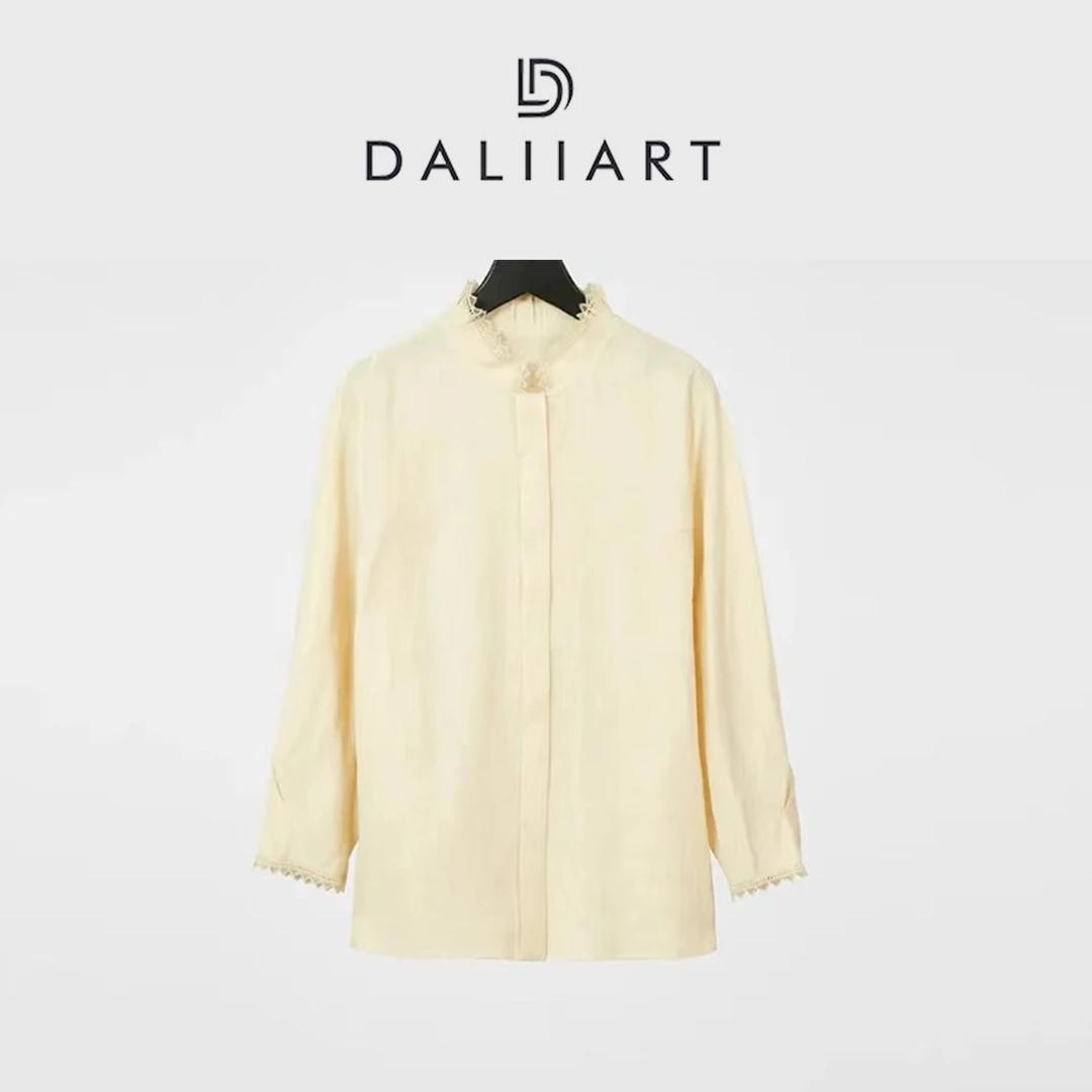 大丽高定 虞美人 精美镂空花边小立领新中式春夏亚麻衬衫DLTX0653