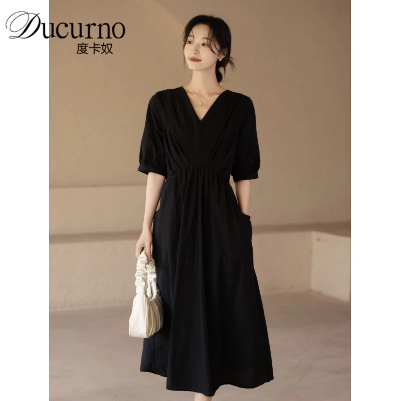 黑色连衣裙女中长款夏2025年夏季新款气质通勤V领收腰过膝长裙子