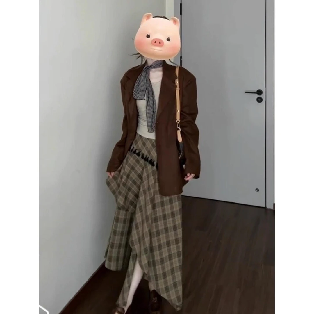 大码时尚洋气套装女秋季新款高级感麂皮外套胖MM显瘦半身裙三件套