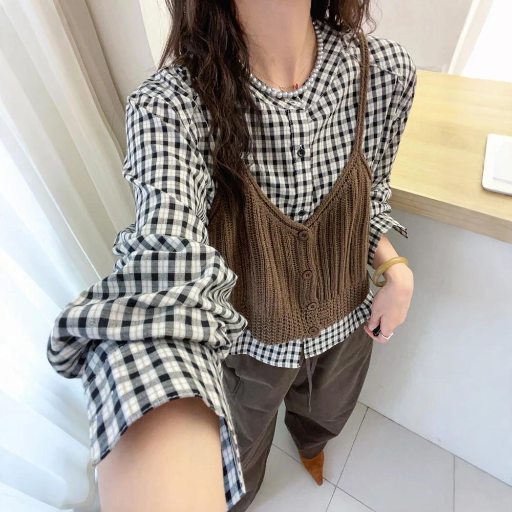 早秋新款韩版格子衬衫+针织吊带背心两件套女时尚宽松减龄上衣潮