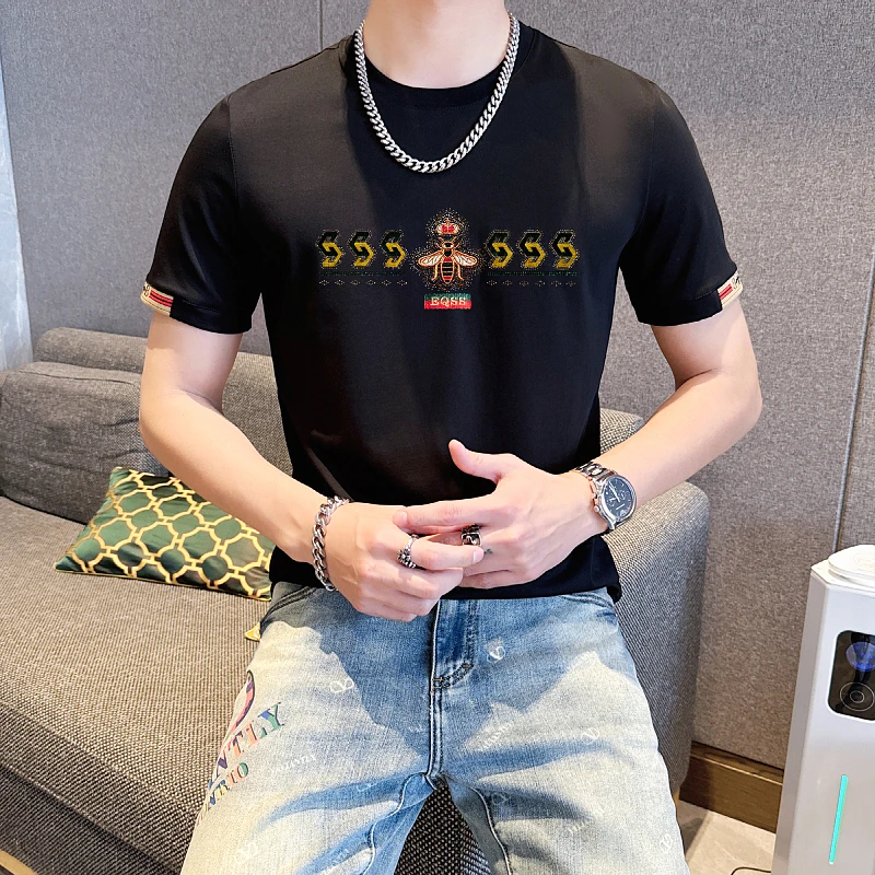 【品牌定制】2025夏季新款丝光棉S系列皇冠蜜蜂刺绣男士T恤